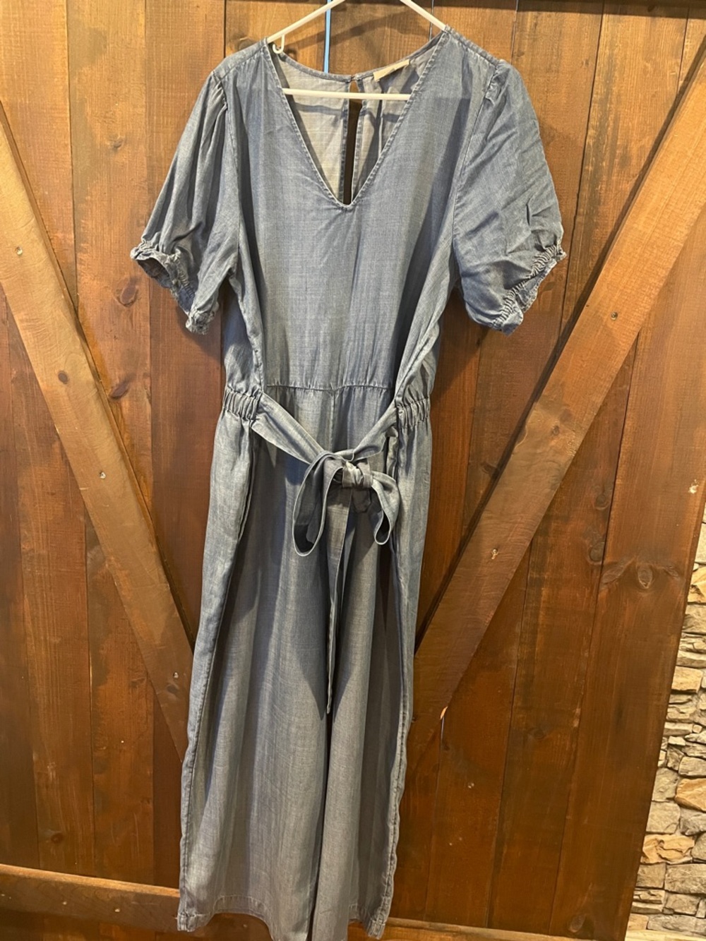 LOFT Chambray Blue Wide-Leg Jumpsuit with Tie Waist